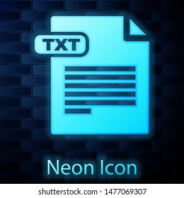 Glowing neon TXT file document. Download txt button icon isolated on brick wall background. Text file extension symbol.  Vector Illustration