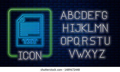 Glowing neon TXT file document. Download txt button icon isolated on brick wall background. Text file extension symbol. Neon light alphabet. Vector Illustration