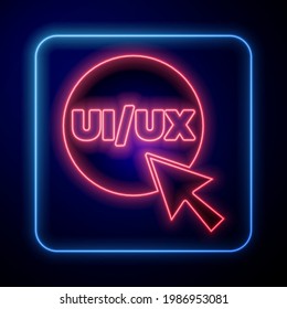 Glowing neon UI or UX design icon isolated on blue background.  Vector