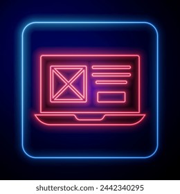 Glowing neon UI or UX design icon isolated on blue background.  Vector
