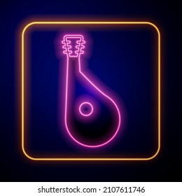 Glowing neon Ukrainian traditional musical instrument bandura icon isolated on black background.  Vector