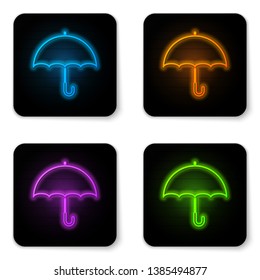 Glowing neon Umbrella icon isolated on white background. Black square button. Vector Illustration