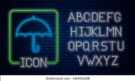 Glowing neon Umbrella icon isolated on brick wall background. Neon light alphabet. Vector Illustration