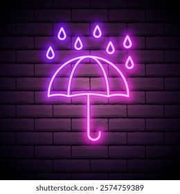 Glowing neon umbrella weather icon on dark brick wall background. Umbrella symbol in neon style to weather forecast in mobile application. Vector illustration