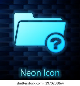 Glowing neon Unknown directory icon isolated on brick wall background. Magnifying glass and folder. Vector Illustration