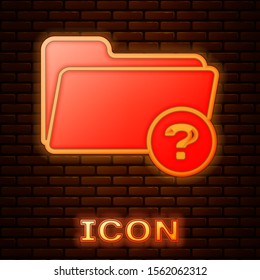 Glowing neon Unknown directory icon isolated on brick wall background. Magnifying glass and folder.  Vector Illustration