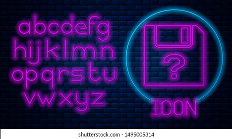 Glowing neon Unknown document icon isolated on brick wall background. File with Question mark. Hold report, service and global search sign. Neon light alphabet. Vector Illustration