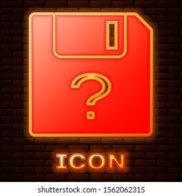 Glowing neon Unknown document icon isolated on brick wall background. File with Question mark. Hold report, service and global search sign.  Vector Illustration