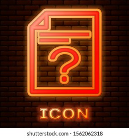 Glowing neon Unknown document icon isolated on brick wall background. File with Question mark. Hold report, service and global search sign.  Vector Illustration