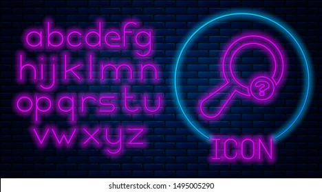 Glowing neon Unknown search icon isolated on brick wall background. Magnifying glass and question mark. Neon light alphabet. Vector Illustration