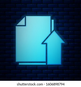 Glowing neon Upload file document icon isolated on brick wall background. Document arrow.  Vector Illustration