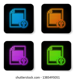 Glowing neon Upload file icon isolated on white background. File document symbol. Document arrow. Black square button. Vector Illustration