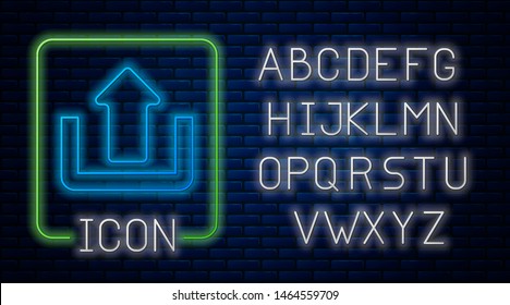Glowing neon Upload icon isolated on brick wall background. Up arrow. Neon light alphabet. Vector Illustration