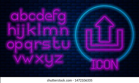Glowing neon Upload icon isolated on brick wall background. Up arrow. Neon light alphabet. Vector Illustration