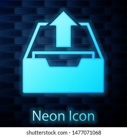 Glowing neon Upload inbox icon isolated on brick wall background. Extract files from archive.  Vector Illustration