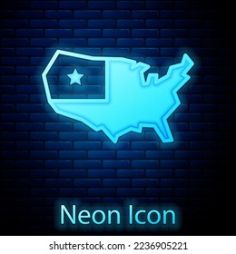 Glowing neon USA map icon isolated on brick wall background. Map of the United States of America.  Vector