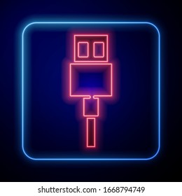 Glowing neon USB cable cord icon isolated on blue background. Connectors and sockets for PC and mobile devices.  Vector Illustration