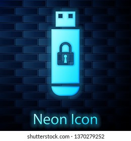 Glowing neon USB flash drive with closed padlock icon isolated on brick wall background. Security, safety, protection concept. Vector Illustration