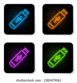 Glowing neon USB flash drive icon isolated on white background. Black square button. Vector Illustration