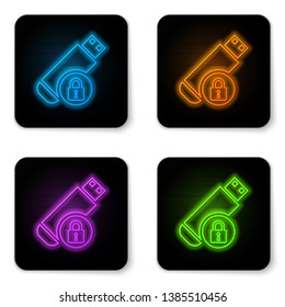 Glowing neon USB flash drive with closed padlock icon isolated on white background. Security, safety, protection concept. Black square button. Vector Illustration