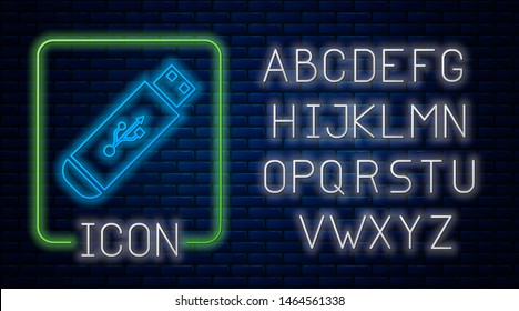 Glowing neon USB flash drive icon isolated on brick wall background. Neon light alphabet. Vector Illustration