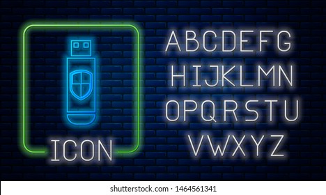 Glowing neon USB flash drive and protection shield icon isolated on brick wall background. Neon light alphabet. Vector Illustration