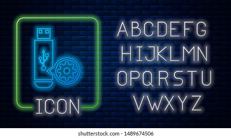 Glowing neon USB flash drive and gear icon isolated on brick wall background. Adjusting app, service concept, setting options, maintenance, repair, fixing. Neon light alphabet. Vector Illustration