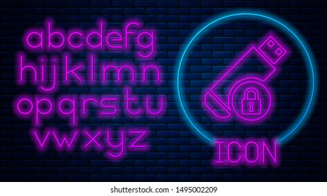 Glowing neon USB flash drive with closed padlock icon isolated on brick wall background. Security, safety, protection concept. Neon light alphabet. Vector Illustration