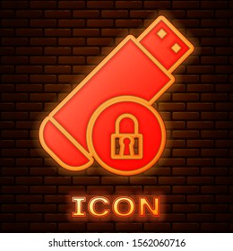 Glowing neon USB flash drive with closed padlock icon isolated on brick wall background. Security, safety, protection concept.  Vector Illustration