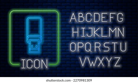 Glowing neon USB flash drive icon isolated on brick wall background. Neon light alphabet. Vector