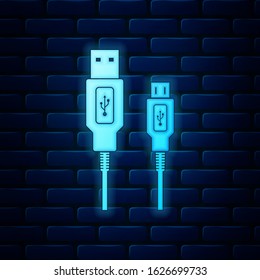 Glowing neon USB Micro cables icon on brick wall background. Connectors and sockets for PC and mobile devices. Computer peripherals connector or smartphone recharge supply. Vector Illustration