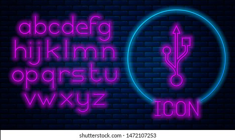 Glowing neon USB symbol icon isolated on brick wall background. Neon light alphabet. Vector Illustration