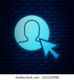 Glowing neon User of man in business suit icon isolated on brick wall background. Business avatar symbol - user profile icon. Male user sign.  Vector Illustration