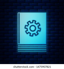 Glowing neon User manual icon isolated on brick wall background. User guide book. Instruction sign. Read before use.  Vector Illustration
