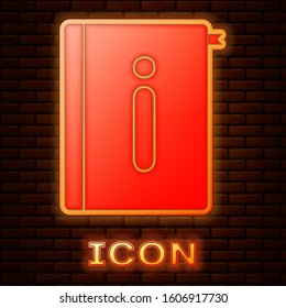 Glowing neon User manual icon isolated on brick wall background. User guide book. Instruction sign. Read before use.  Vector Illustration