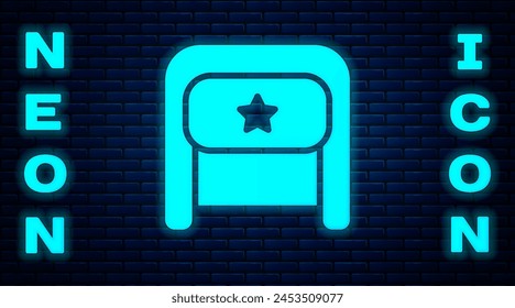 Glowing neon Ushanka icon isolated on brick wall background. Russian fur winter hat ushanka with star. Soviet Union uniform of KGB and NKVD.  Vector