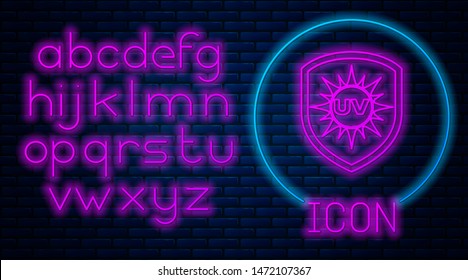 Glowing Neon UV Protection Icon Isolated On Brick Wall Background. Sun And Shield. Ultra Violet Rays Radiation. SPF Sun Sign. Neon Light Alphabet. Vector Illustration