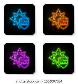 Glowing neon UV protection icon isolated on white background. Sun and shield. Ultra violet rays radiation. SPF sun sign. Black square button. Vector Illustration
