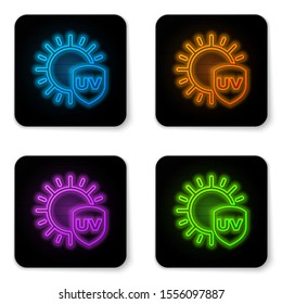 Glowing neon UV protection icon isolated on white background. Sun and shield. Ultra violet rays radiation. SPF sun sign. Black square button. Vector Illustration