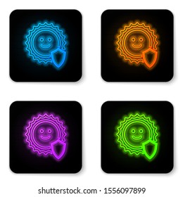 Glowing neon UV protection icon isolated on white background. Sun and shield. Ultra violet rays radiation. SPF sun sign. Black square button. Vector Illustration