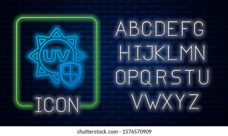 Glowing neon UV protection icon isolated on brick wall background. Sun and shield. Ultra violet rays radiation. SPF sun sign. Neon light alphabet. Vector Illustration