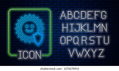 Glowing neon UV protection icon isolated on brick wall background. Sun and shield. Ultra violet rays radiation. SPF sun sign. Neon light alphabet. Vector Illustration