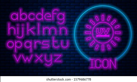 Glowing neon UV protection icon isolated on brick wall background. Ultra violet rays radiation. SPF sun sign. Neon light alphabet. Vector Illustration