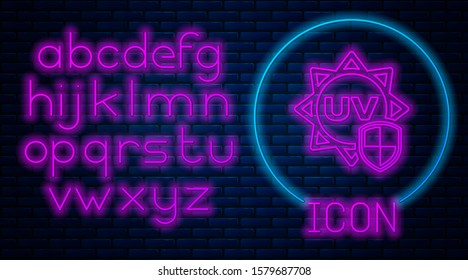 Glowing neon UV protection icon isolated on brick wall background. Sun and shield. Ultra violet rays radiation. SPF sun sign. Neon light alphabet. Vector Illustration