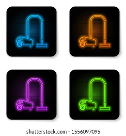 Glowing neon Vacuum cleaner icon isolated on white background. Black square button. Vector Illustration