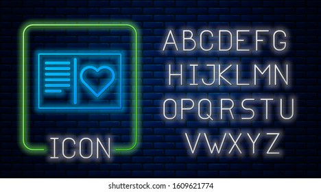 Glowing neon Valentines day flyer with heart icon isolated on brick wall background. Celebration poster template for invitation or greeting card. Neon light alphabet. Vector Illustration