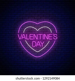 Glowing neon valentines day sign with heart shapes and text on dark brick wall background. Vector illustration of valentine day greeting card in neon style.