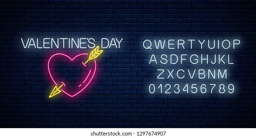 Glowing neon valentines day sign with heart shape and arrow with alphabet on dark brick wall background. Vector illustration of valentine day greeting card in neon style.