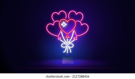 Glowing neon Valentine's Day sign with heart-shaped balloons on strings on a dark background. Vector illustration of a Valentine's Day greeting card in neon style.