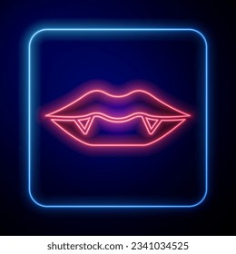 Icono de dientes de neón brillante Vampire aislado en fondo azul. Feliz fiesta de Halloween.  Vector